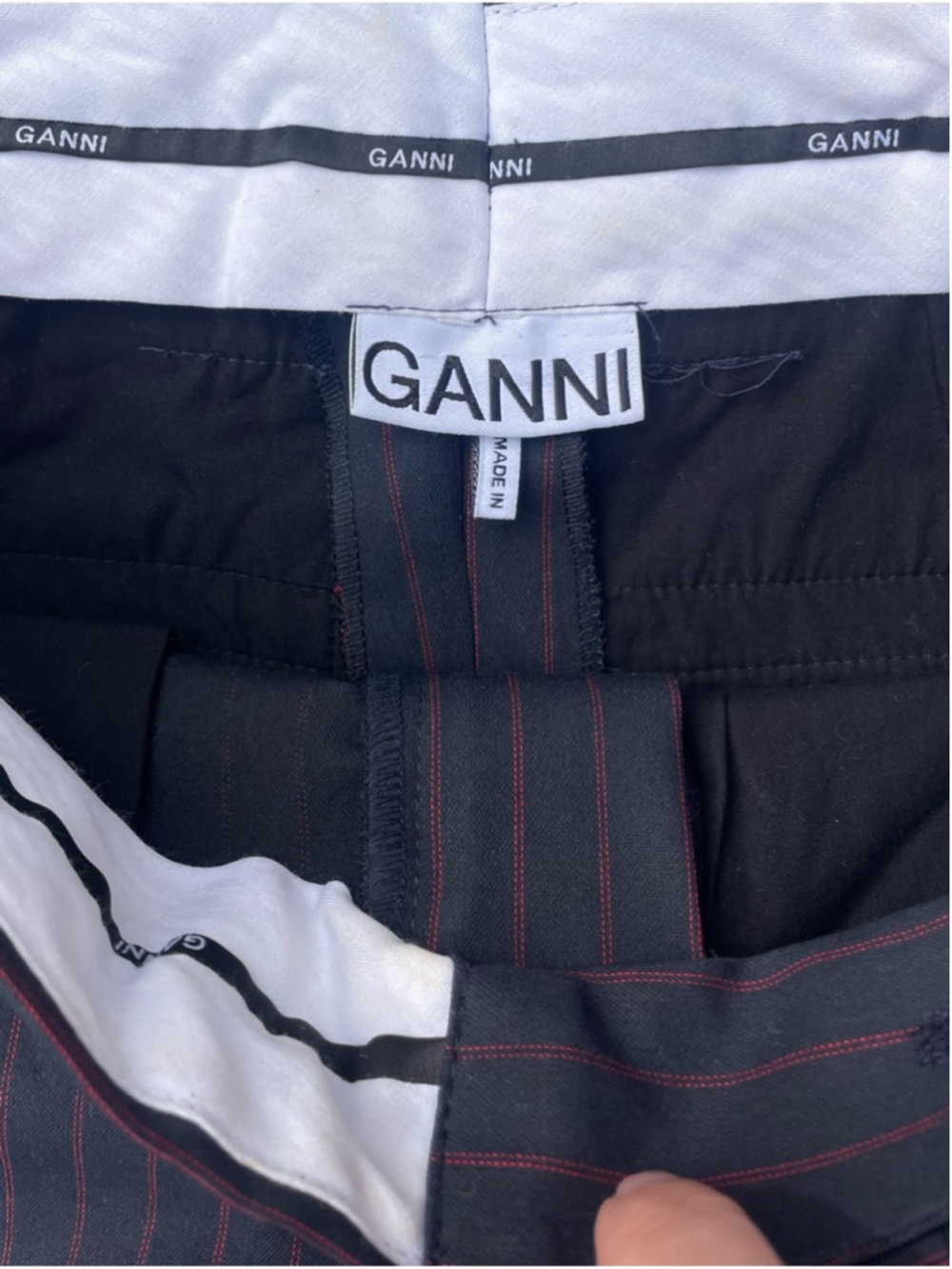 Ganni Pinstripe Side Suit Trousers Navy Red Stripe Tailored High Rise Size 36 - Picture 10 of 13
